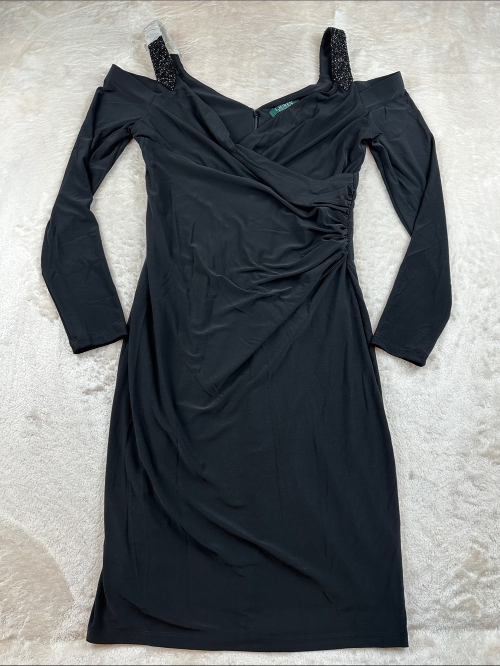 Lauren Ralph Lauren Black Beaded Cold Shoulder Ruched Sheath Dress Women’s 10